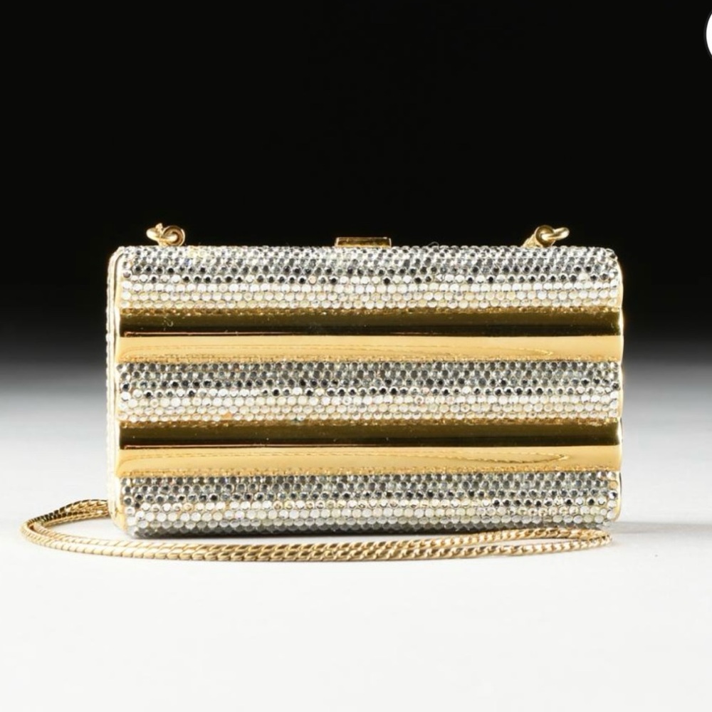 JUDITH LEIBER VINTAGE GOLD PLATED & CLEAR AUSTRIAN CRYSTAL EVENING CLUTCH